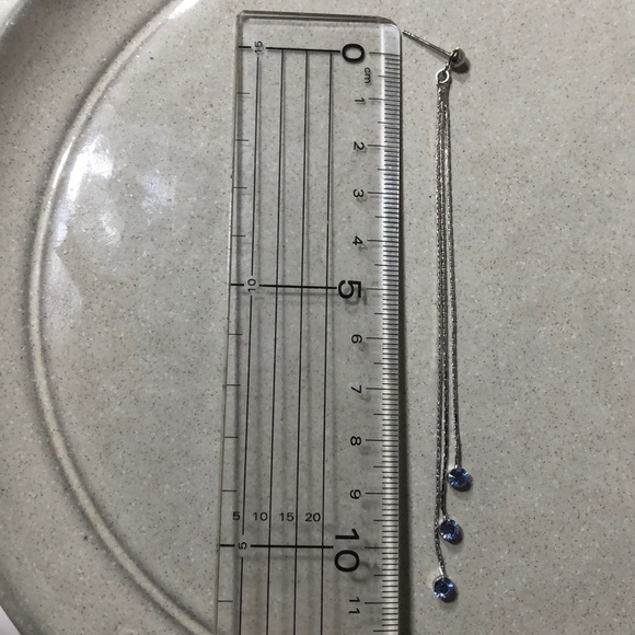 Ultra Long Silver and Blue Crystal Earrings - Picture 5 of 6